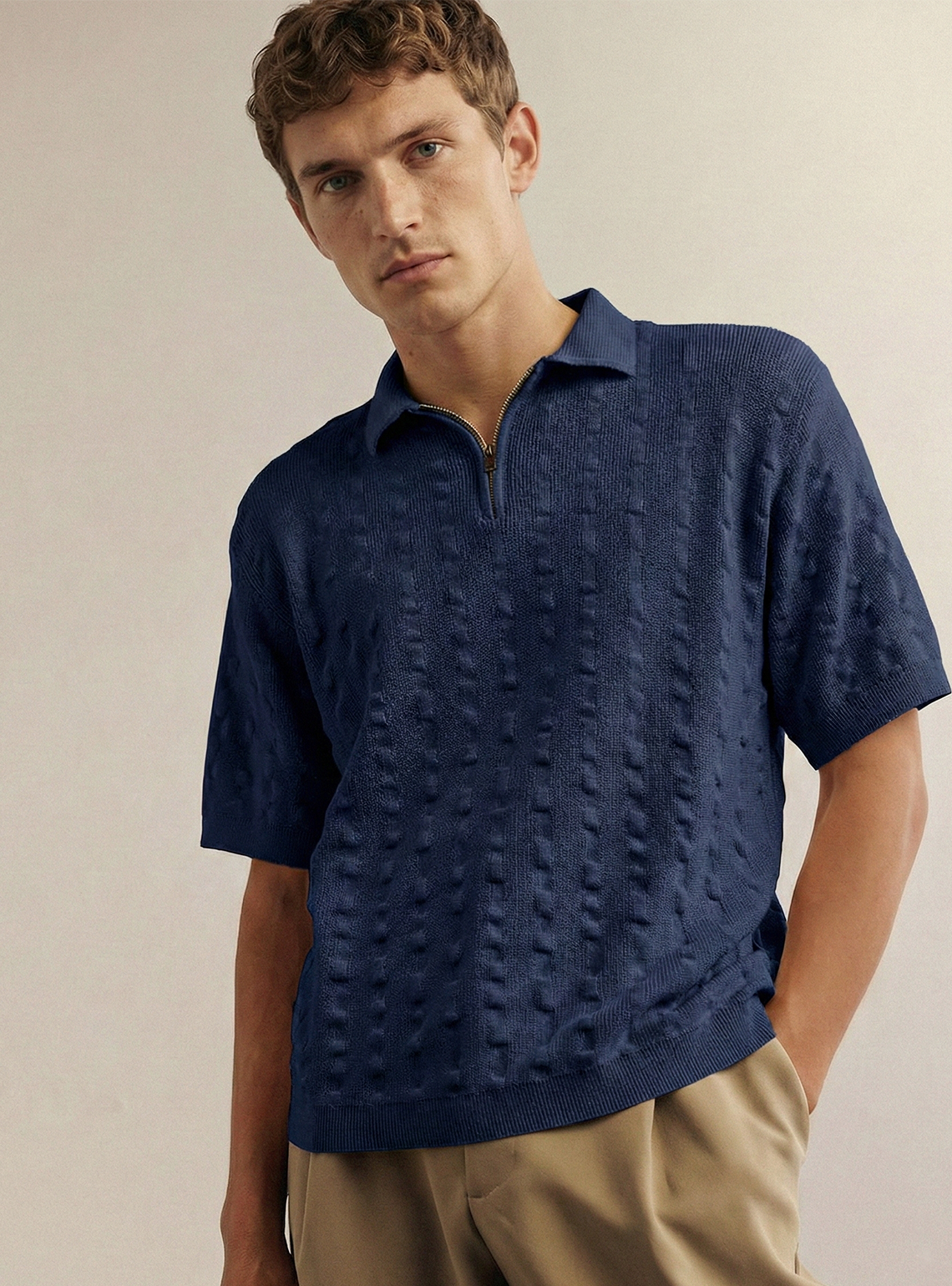 Stickad Pikétröja med Dragkedja | Viktor – Blå