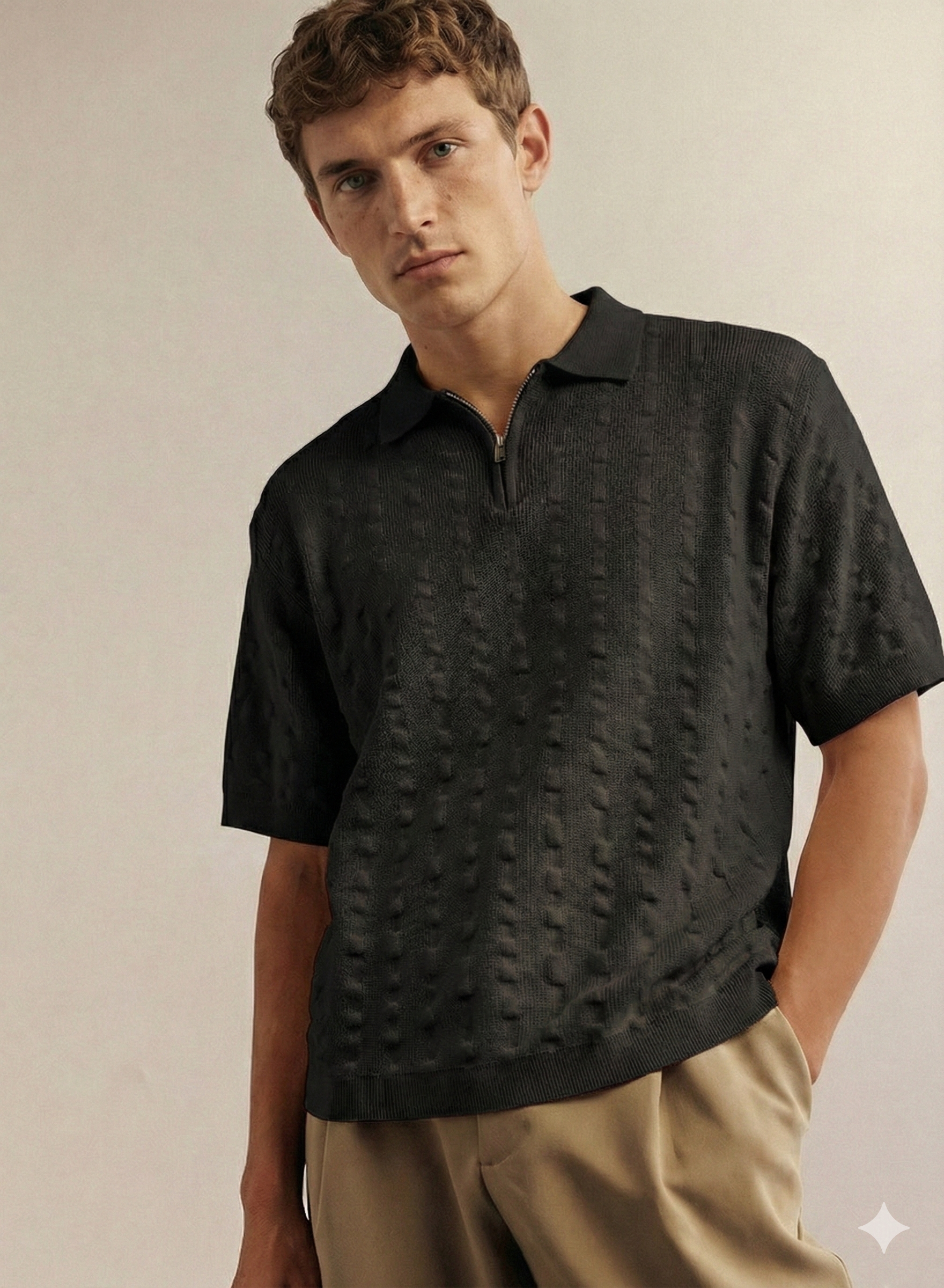 Stickad Pikétröja med Dragkedja | Erik – Svart