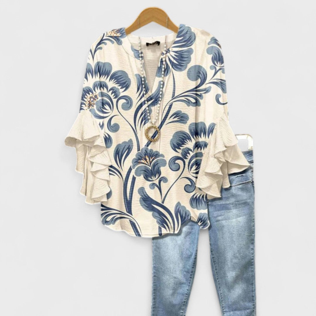 Blommig V-ringad Blus 0