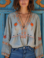 Bohemisk Broderad Blus Damer 0