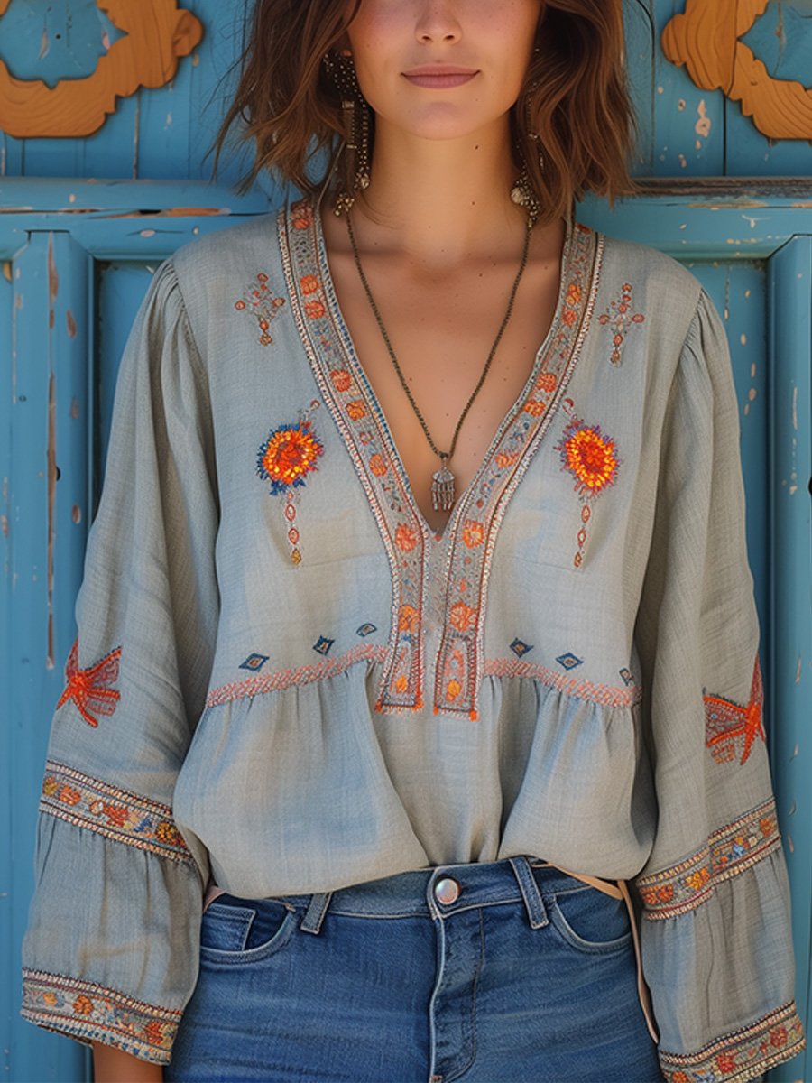 Bohemisk Broderad Blus Damer 0