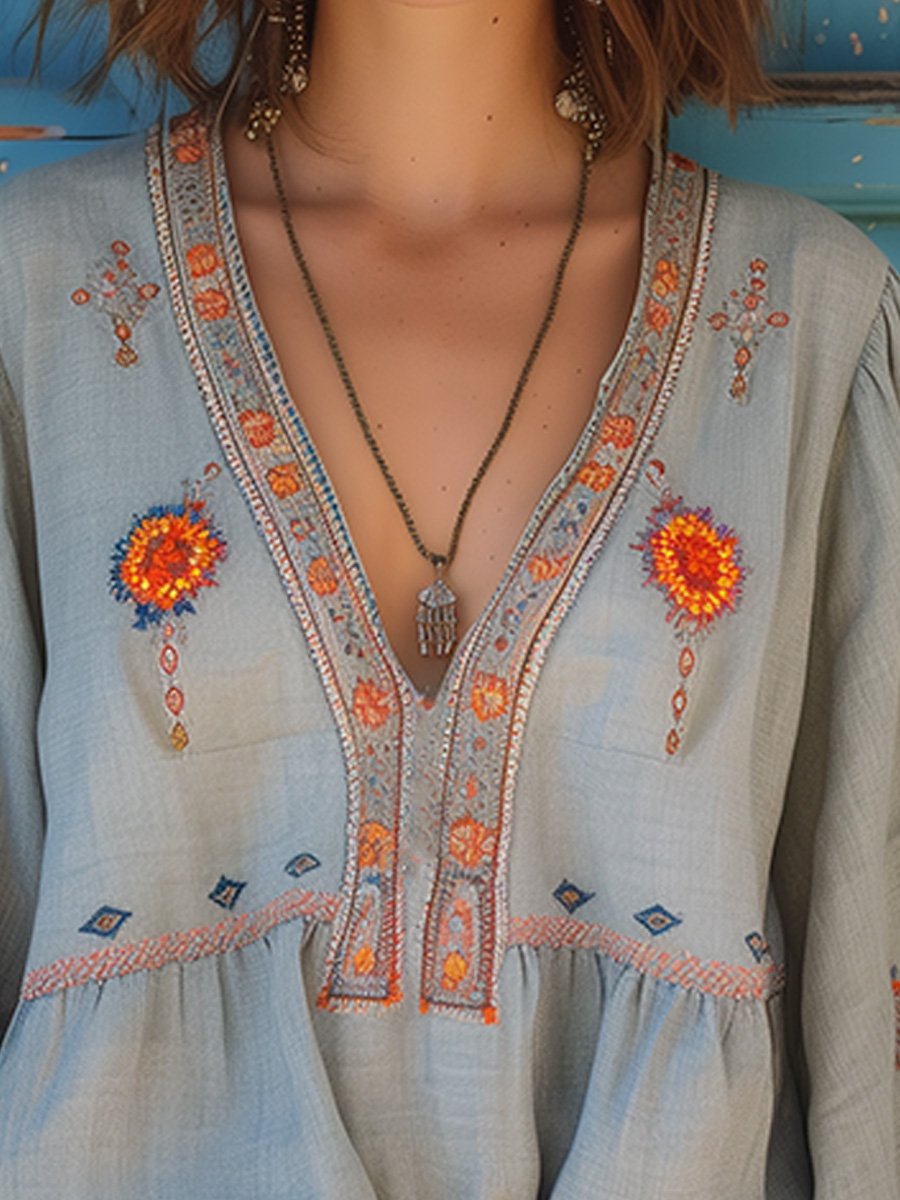 Bohemisk Broderad Blus Damer 1