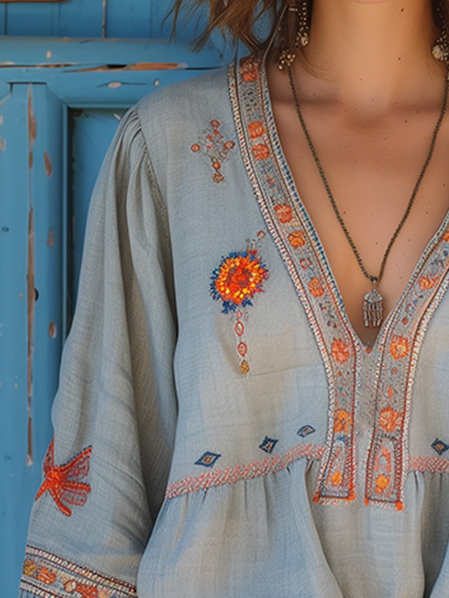 Bohemisk Broderad Blus Damer 2