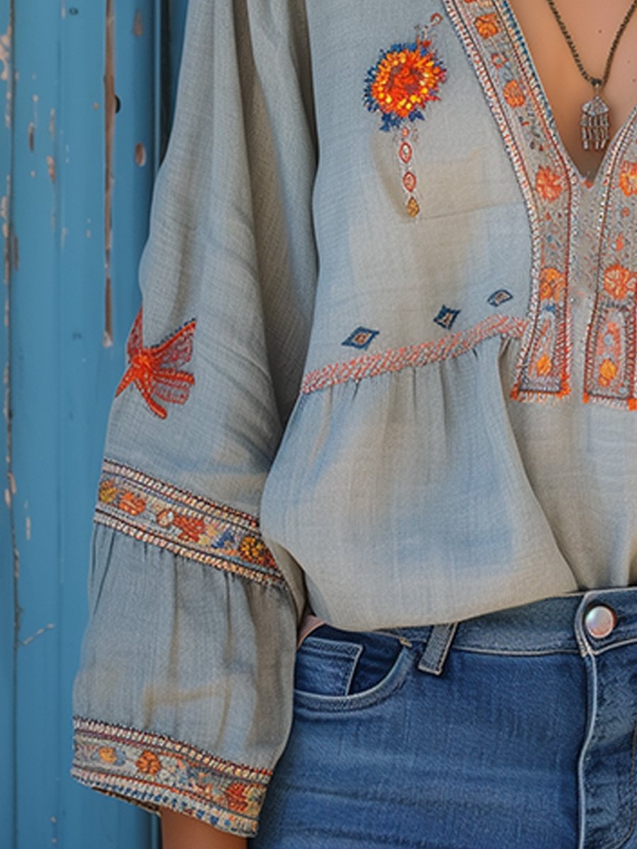 Bohemisk Broderad Blus Damer 3