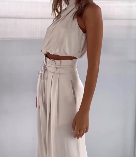 Elegant Tvådelat Set Dam Med Vida Byxor 1