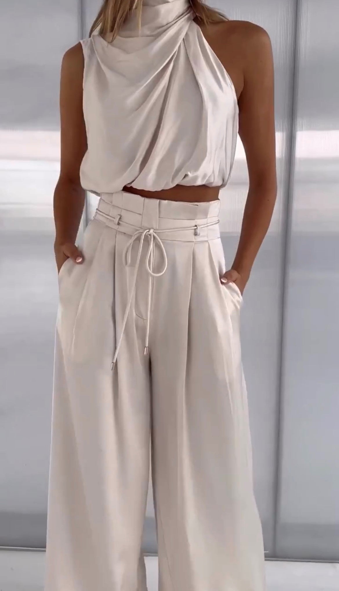Elegant Tvådelat Set Dam Med Vida Byxor 8