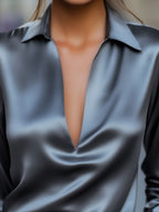 Elegant V-ringad Satinblus i Vit 1