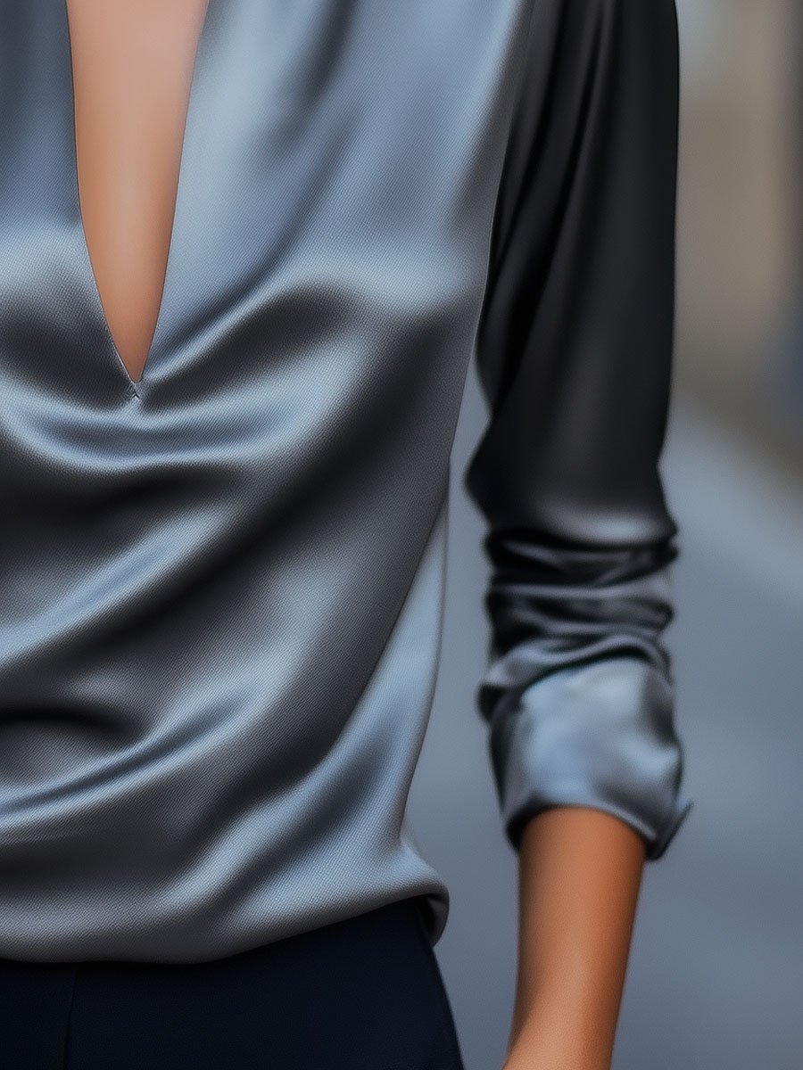 Elegant V-ringad Satinblus i Vit 2