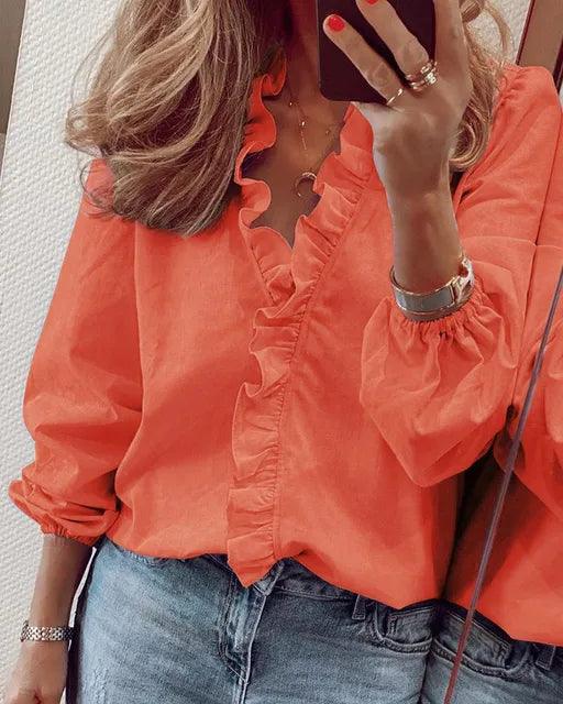 Elegant Vit Blus Med Volanger 4