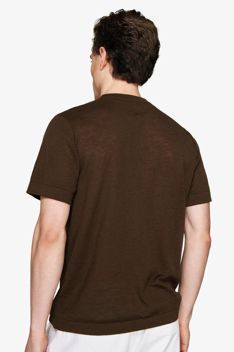 Linneblandning Mörkbrun T-shirt Rund Hals Avslappnad Fit 2
