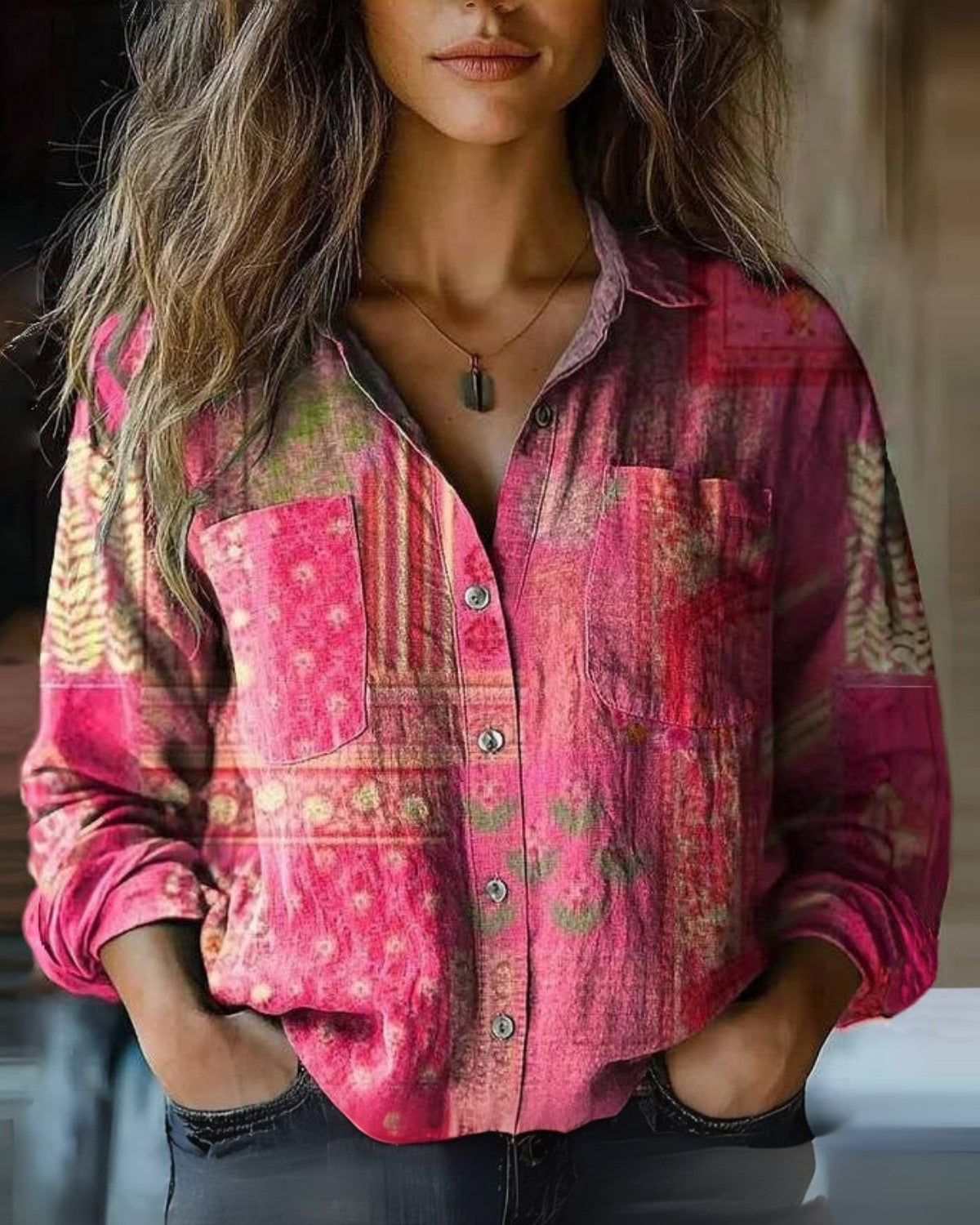 Vintage Blus Med Klassisk Knäppning 0