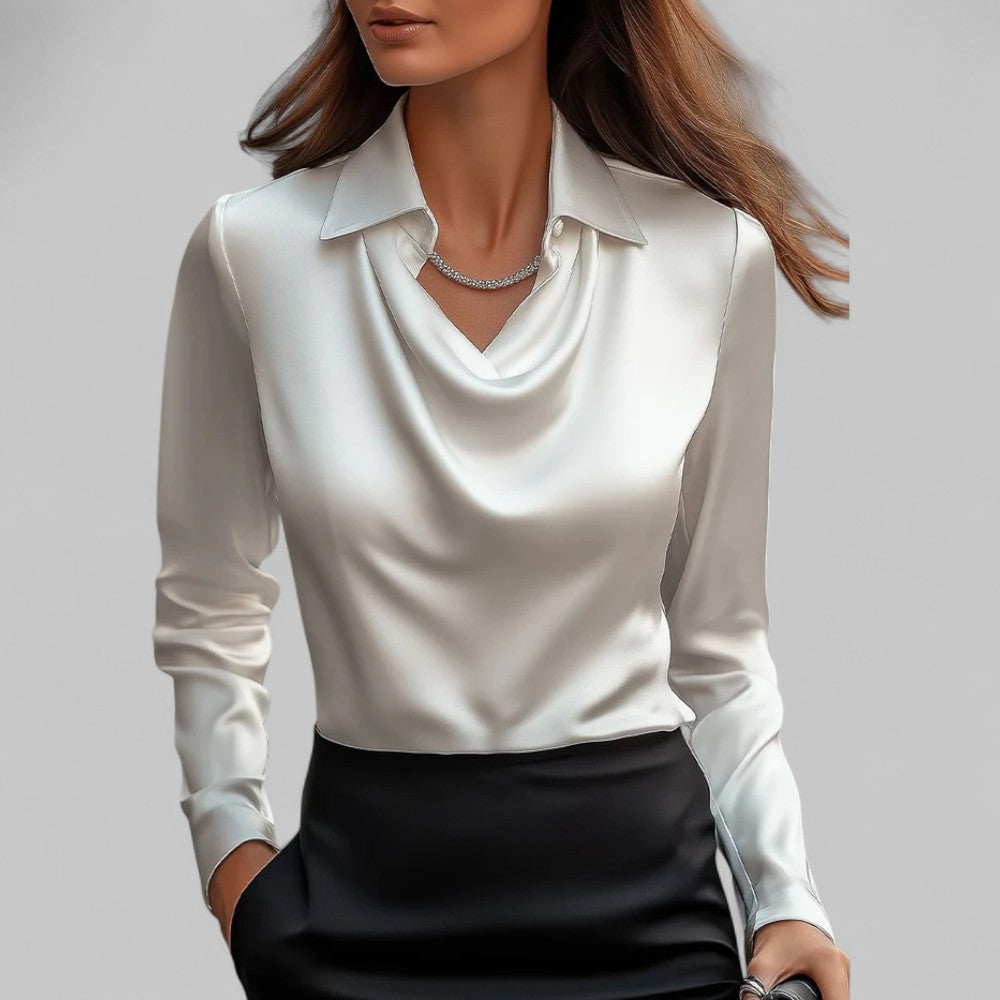 Vit Satinblus Med Draperad Hals 0