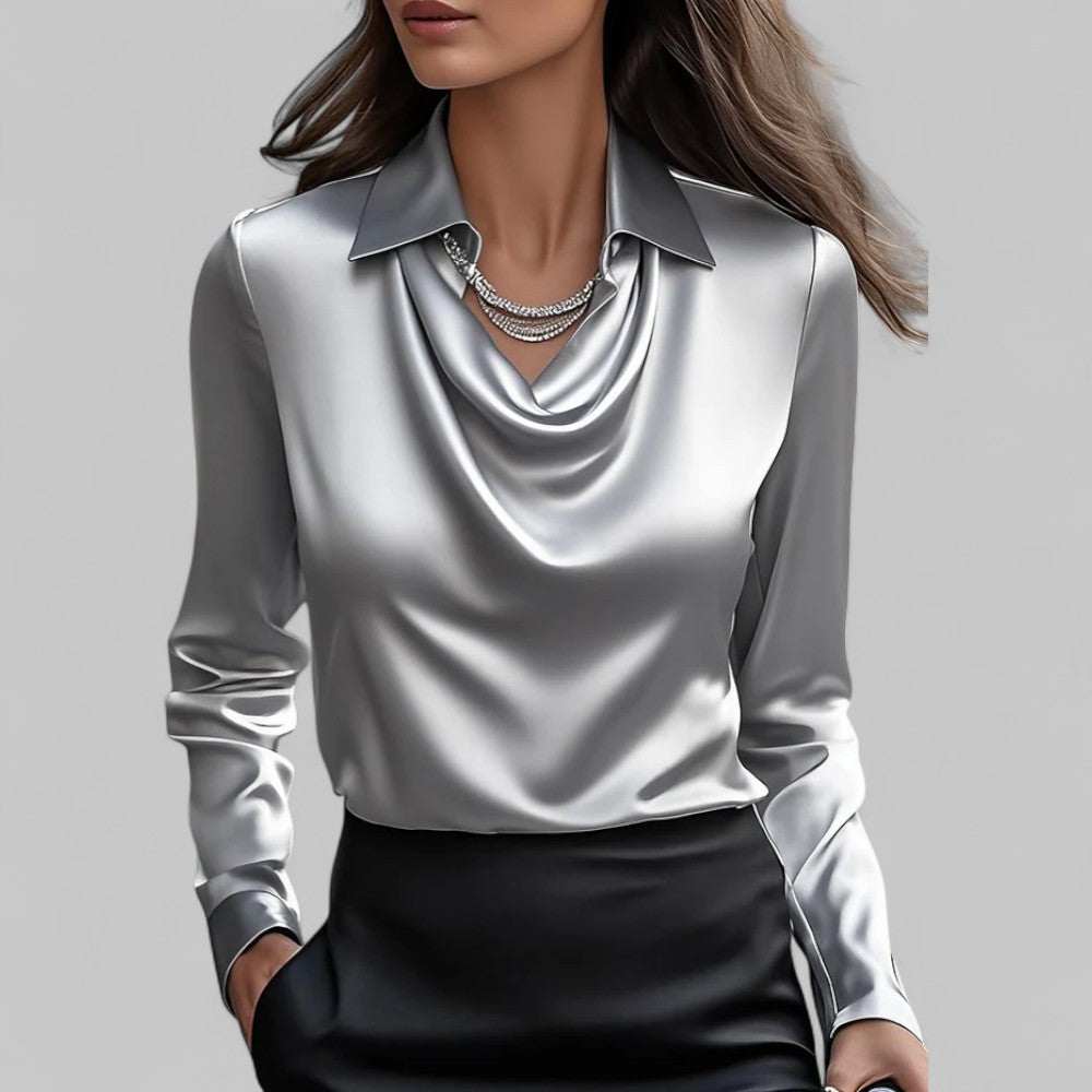 Vit Satinblus Med Draperad Hals 2