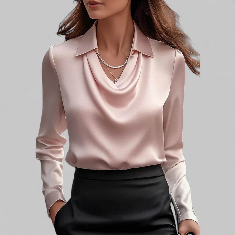 Vit Satinblus Med Draperad Hals 4