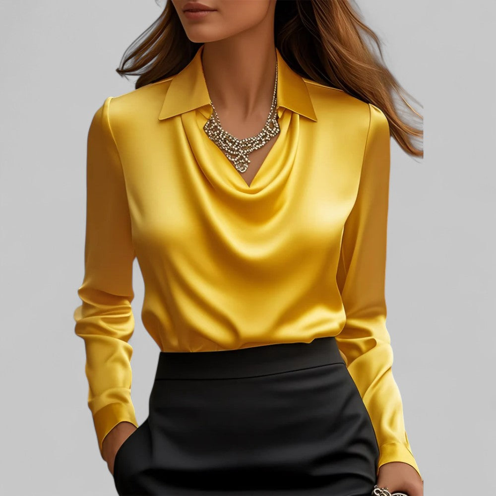 Vit Satinblus Med Draperad Hals 7