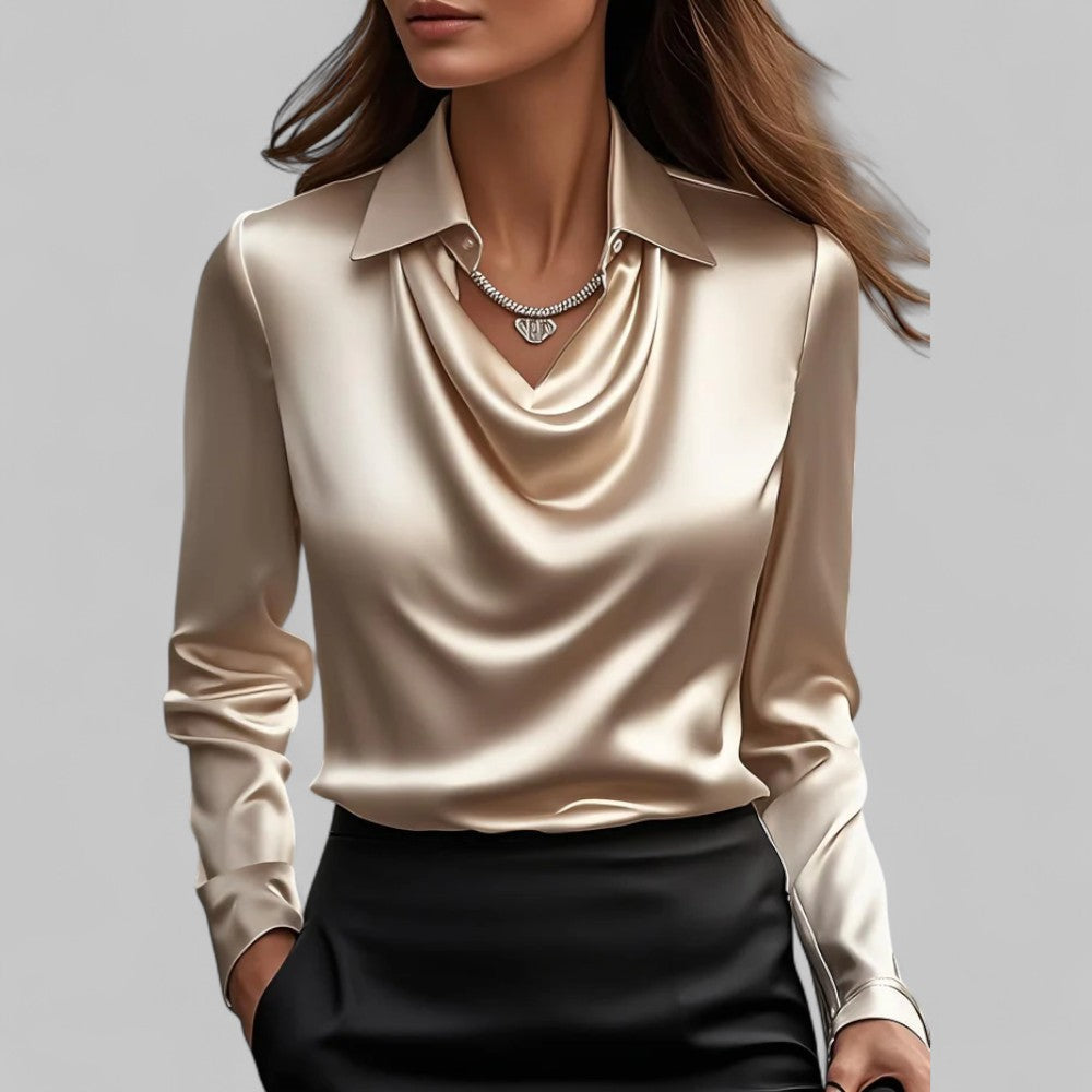 Vit Satinblus Med Draperad Hals 9