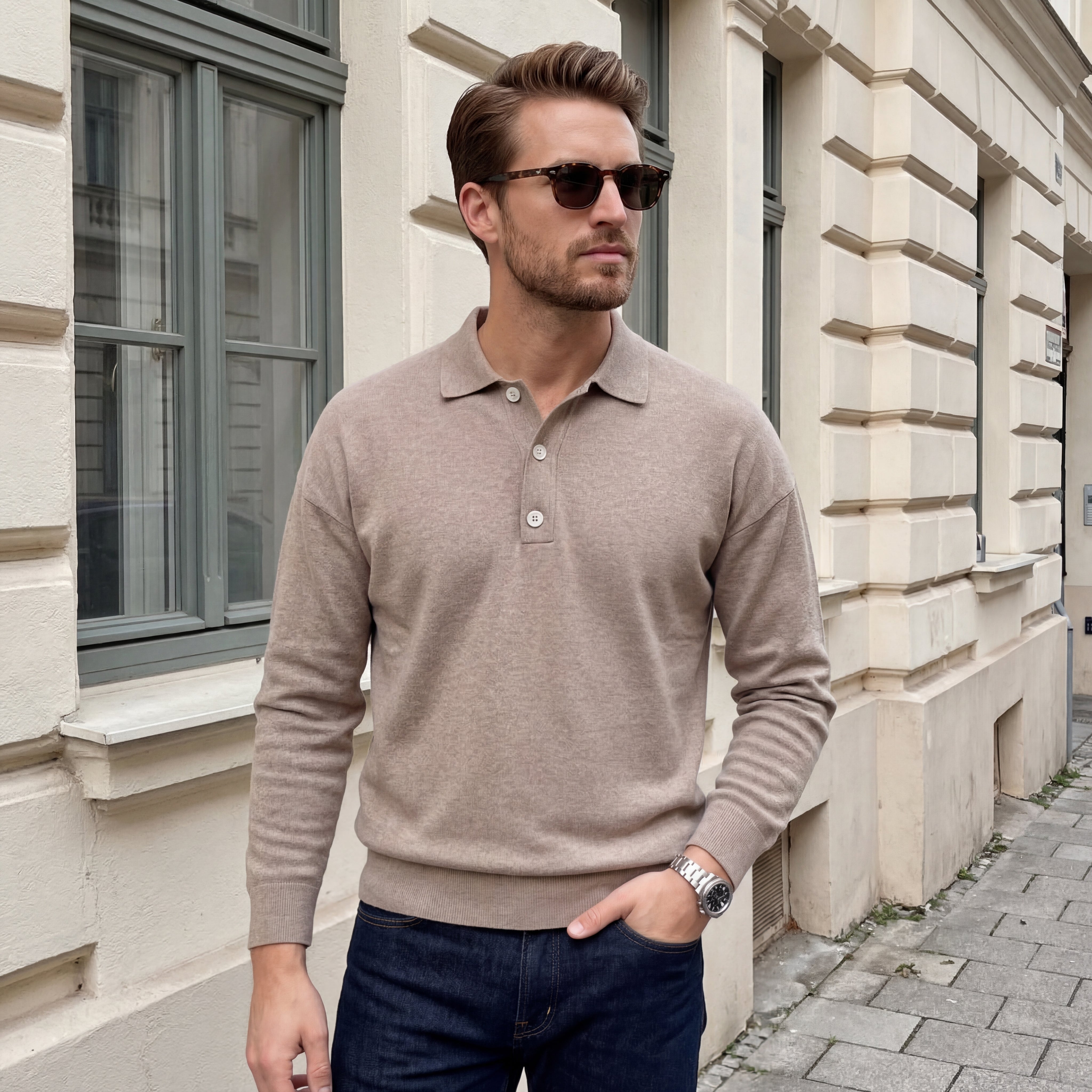 stickad bomull pikétröja långärm regular fit